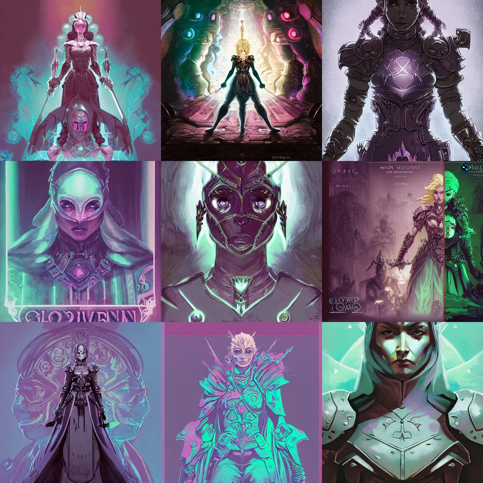 Prompt: Gloomhaven woman paladin symmetrical portrait, pastel colors, elsa beskow, Katsuhiro Otomo, Mike Mignola, Craig Mullins, Tsutomu Nihei, Saul bass, Yoji Shinkawa