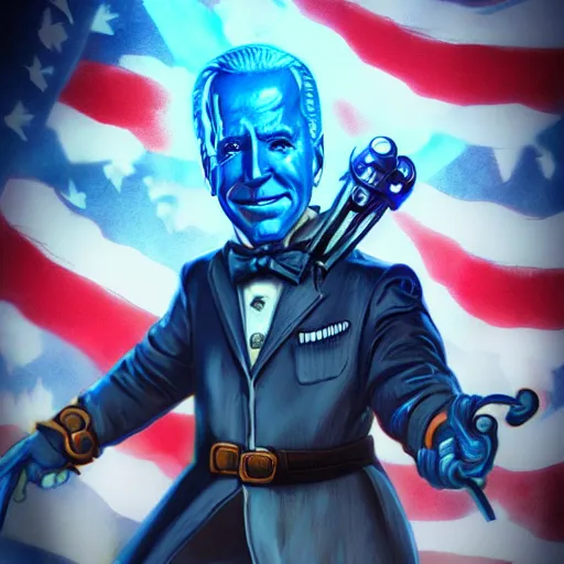 Prompt: joe biden bioshock big daddy, bioshock screenshot lovecraftian fan art, swimming, patriot, artgerm