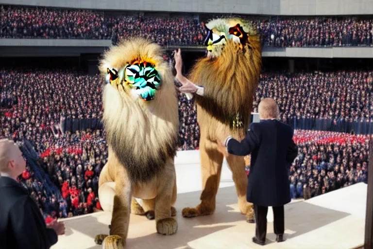 Image similar to photo of the usa presidential inauguration, a lion fursuiter being inaugurated as president