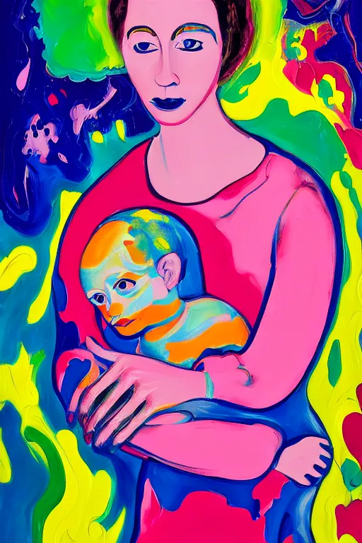 Image similar to a painting of a woman holding a baby, an ultrafine detailed painting by peter max and hernan bas and anna mond, featured on deviantart, metaphysical painting, biomorphic, fauvism, mixed media, photorealistic, dripping paint, palette knife texture, masterpiece