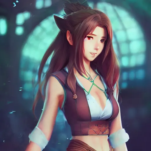 Image similar to alternate outfit of aerith ff7 by wlop, rossdraws, mingchen shen, bangkuart, sakimichan, yan gisuka, jeongseok lee, artstation, 4k