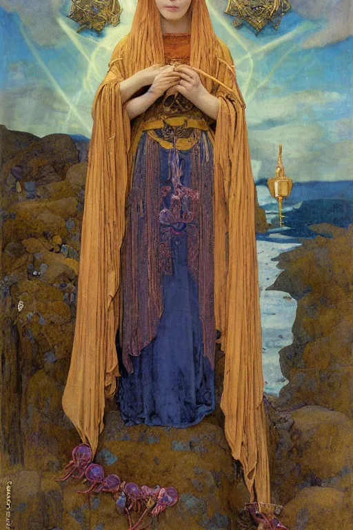 Prompt: portrait of the last witch of the dawn mountains with her lantern and regalia, by Annie Swynnerton and Nicholas Roerich and John Bauer and John William Godward and Donato Giancola and Vermeer, embroidered velvet, iridescent beetles, rich color, ornate headdress, flowing robes, lost runes, ancient civilizations, dramatic cinematic lighting, featured on Artstation, extremely detailed