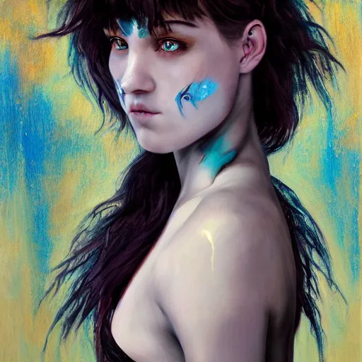 Image similar to The dragon girl portrait, portrait of young girl half dragon half human, dragon girl, dragon skin, dragon eyes, dragon crown, blue hair, long hair, highly detailed, cinematic lighting, Oil on canvas by David Lynch