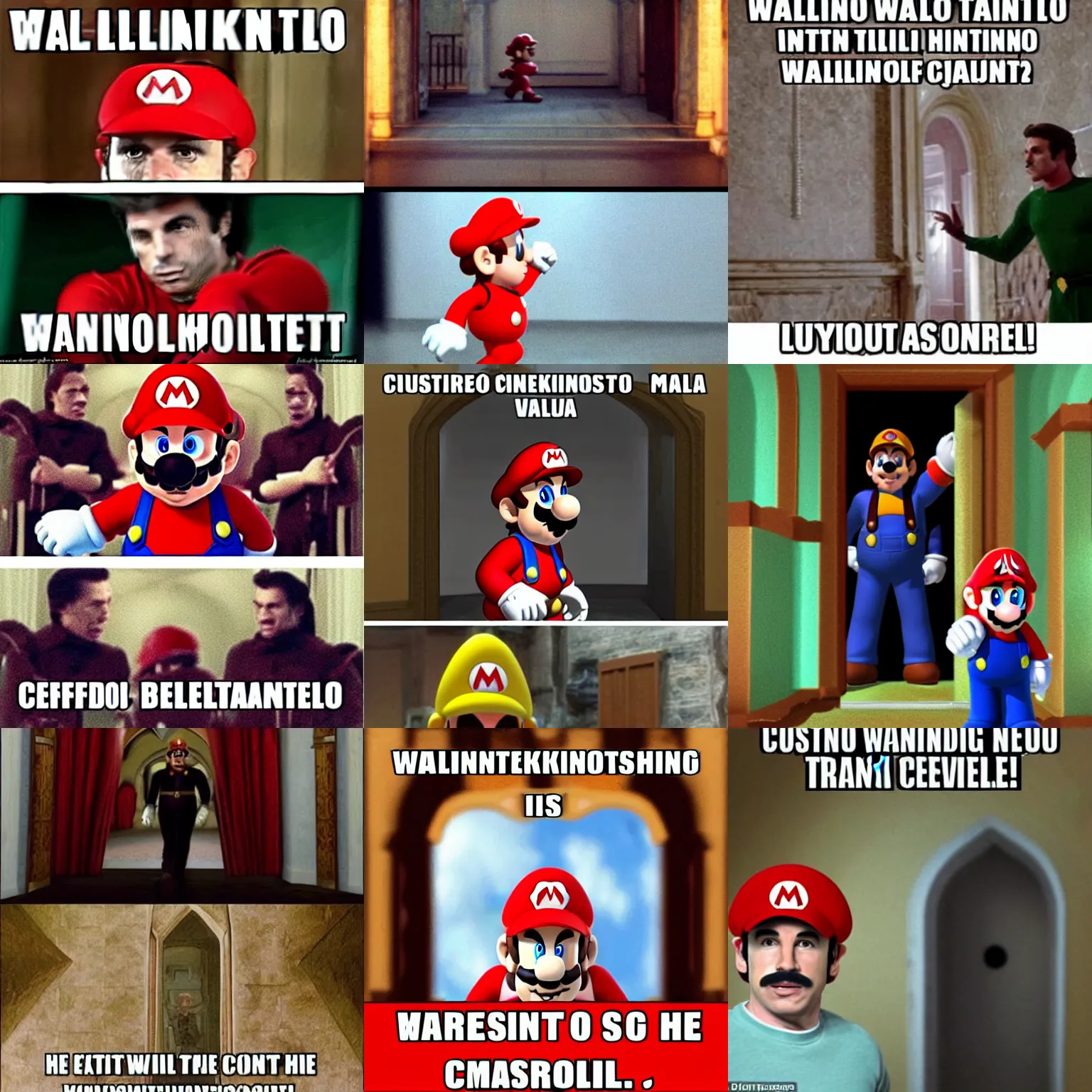 Prompt: confused Mario walking into an empty castle chamber, John Travolta meme