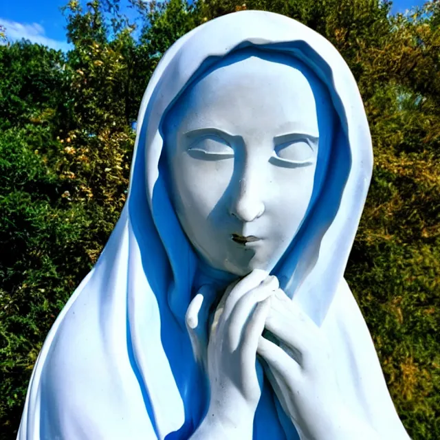 Prompt: closeup of white mother mary statue crying, pictured slightly from below, clear sky with blue clouds in background, vintage polaroid