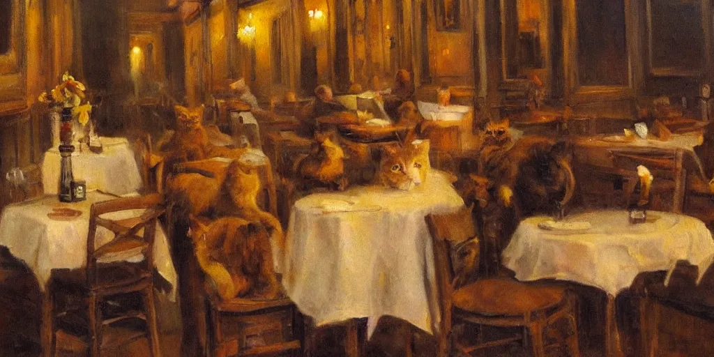 Image similar to brown cat with yellow eyes is sitting at table in a cafe at paris in early 2 0 th century. atmospheric feeling, warm colours, brown colours, yellow colours, epic scene, cinematic, very detailed, oil painting