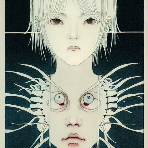 Image similar to prompt: Fragile looking soft light portrait face drawn by Takato Yamamoto and Katsuhiro Otomo, inspired by Ghost in Shell anime, magical and alchemical objects on the side, soft light, intricate detail, intricate ink painting detail, sharp high detail, manga and anime 2000