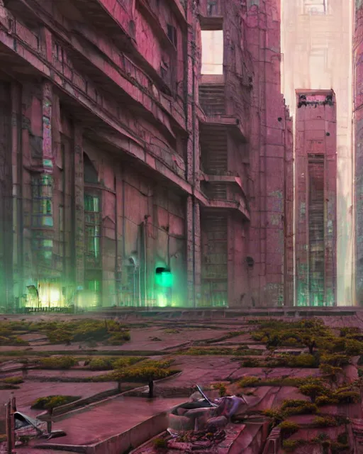 Image similar to hyperrealistic ornate mecha iridescent pink brutalist city ruins background concept art santiago caruso de chirico sharp very dramatic green light 8k low angle shallow depth of field