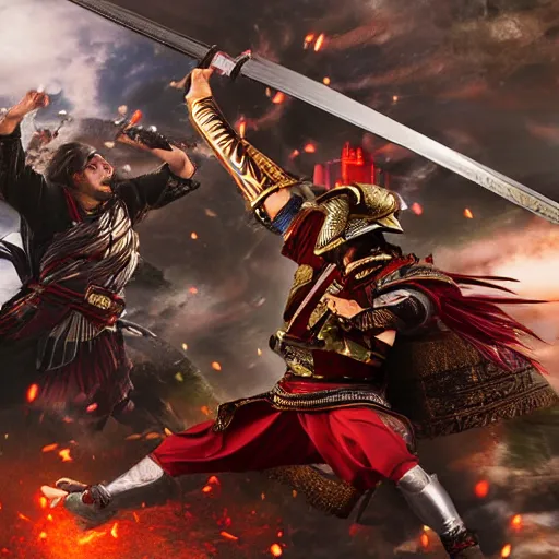 Prompt: a realistic photograph of an epic fight between Oda Nobunaga and Friedrich Barbarossa, award-winning photograph, dramatic lighting, realistic, 4k