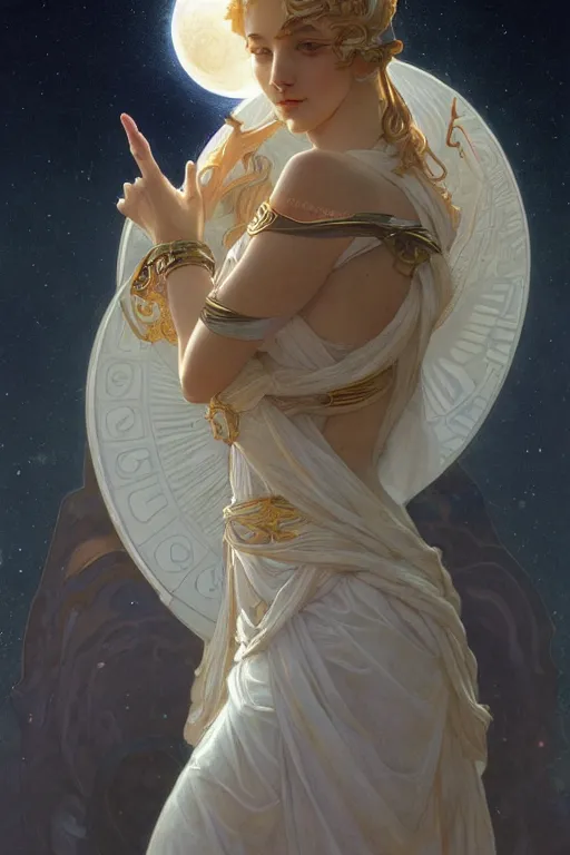 Image similar to goddess of the Moon, elegant, highly detailed, digital painting, artstation, concept art, smooth, sharp focus, illustration, ArtStation, art by artgerm and greg rutkowski and alphonse mucha and J. C. Leyendecker and Edmund Blair Leighton and Charlie Bowater