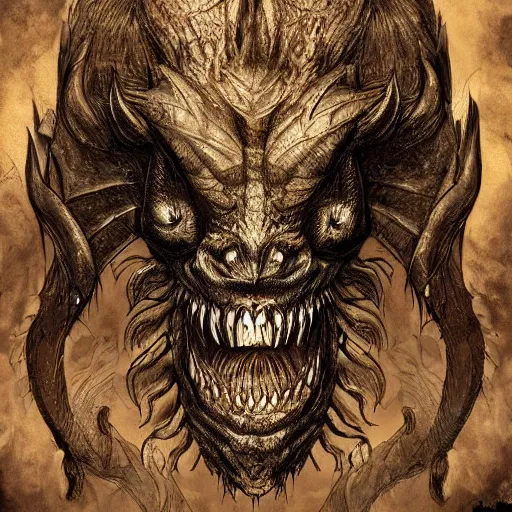 Image similar to fierce chimera monster, gothic art, subdued color, detailed, eerie, emotional, gothic, sad, agitated, highly detailed, incredibly sharp focus, Artstation, deviantart, artgem, insane detail, intense black line art, precision detail, golden ratio, in the style of Heavy Metal Comics