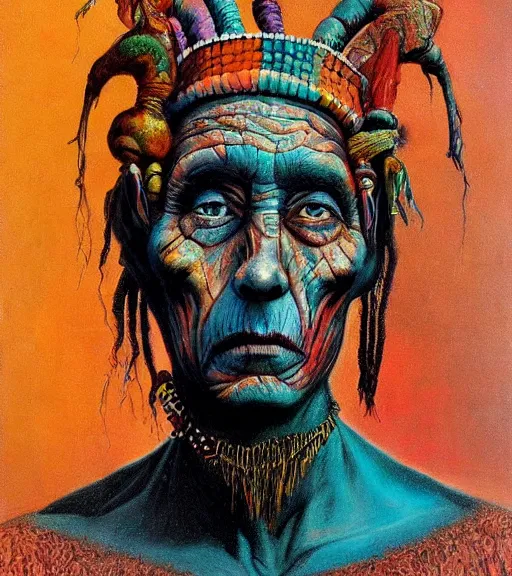 Image similar to Portrait painting in a style of Beksinski mixed with Alex Grey of an old shaman dressed in a colorful traditional clothes.