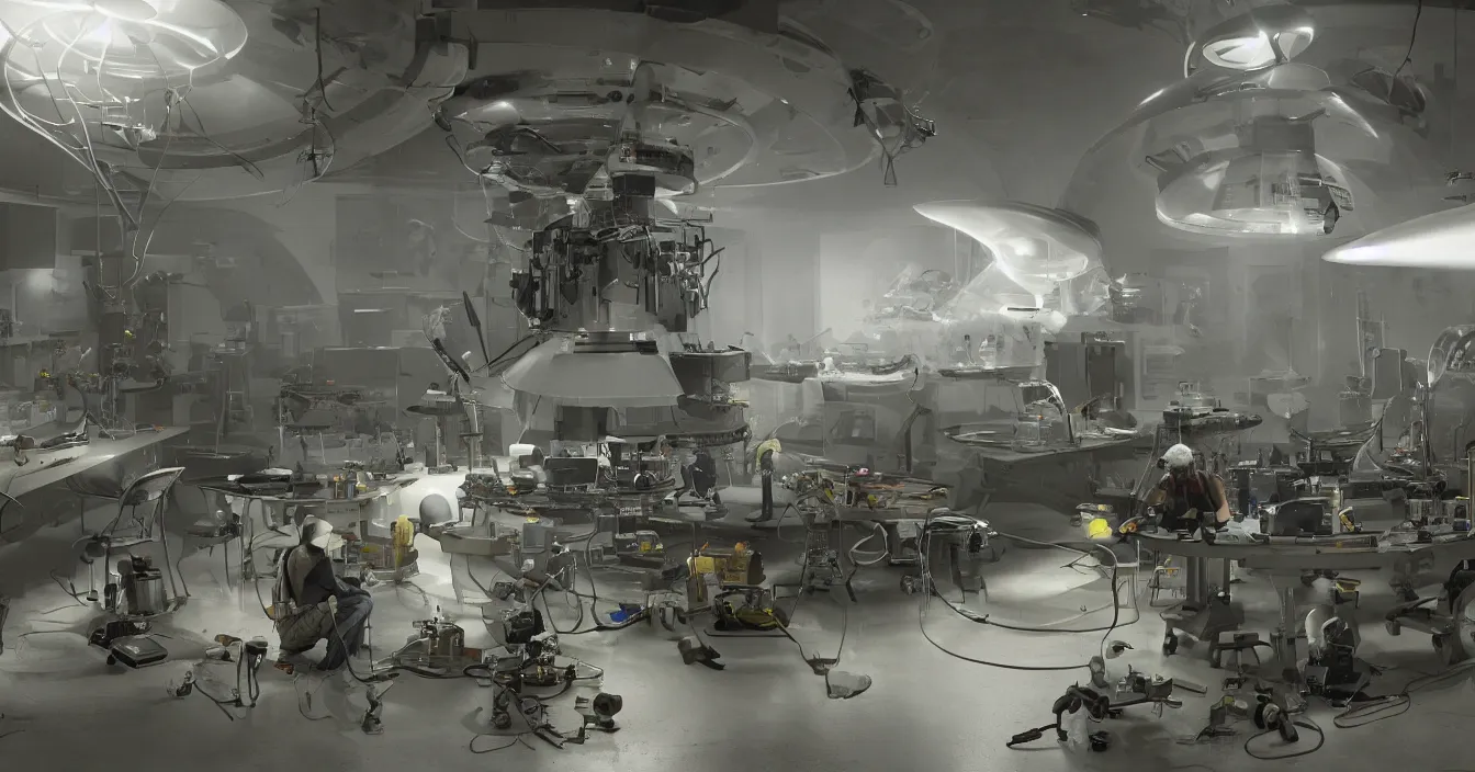Image similar to engineer repairs secret flying saucer with broke fuse reactor, full of modern military equipment, in the state laboratory full of different tools and electronic machines, high details, volume raytracing fog, back light, reflective ground, by james paick, by ilm, by digital domain, by weta digital