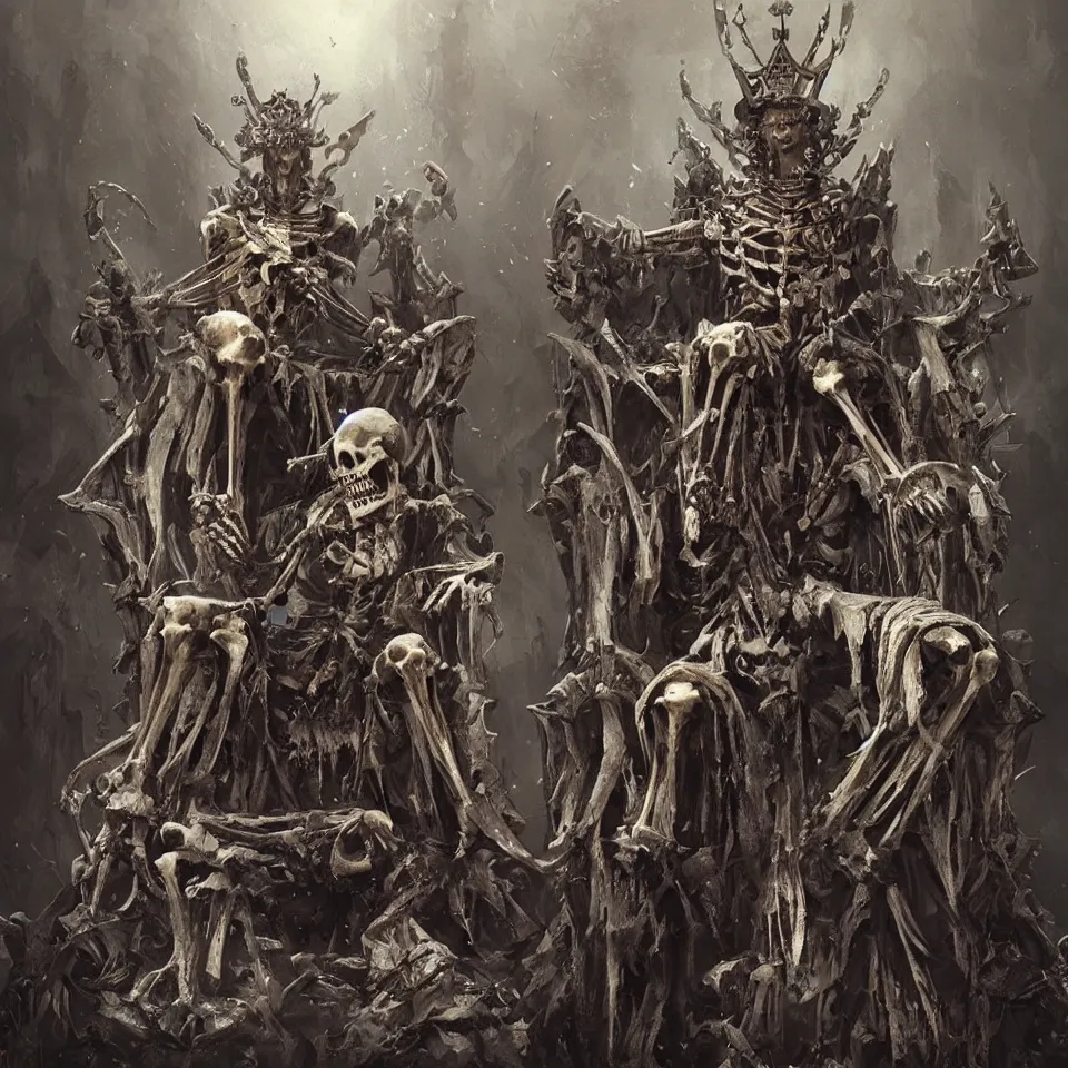 Prompt: a skeleton king with a crown made of bones, sitting on a throne made of bones, artwork by greg rutkowski,