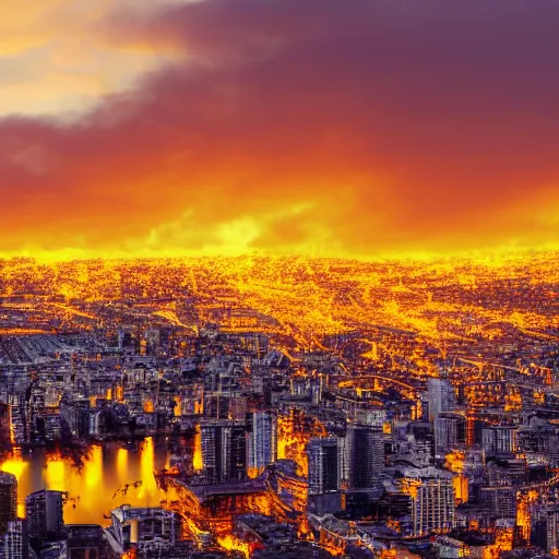 Prompt: a city in flames, yellow sky, 8k resolution