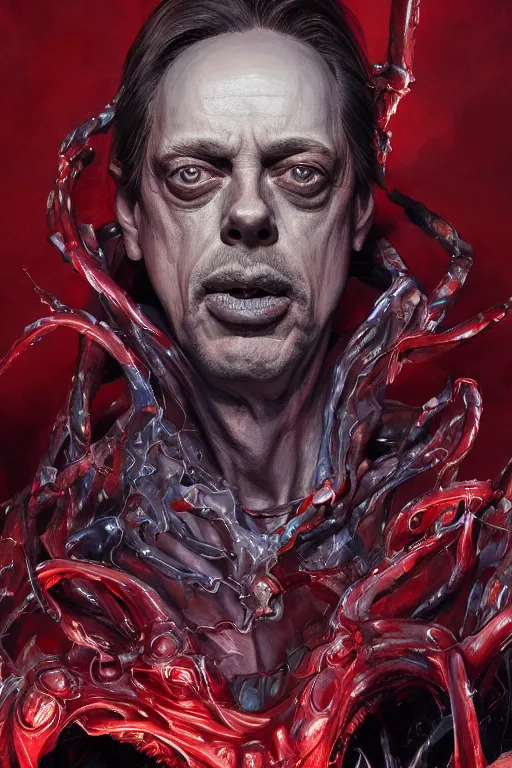 Prompt: Portrait of Steve Buscemi face as symbiote Carnage swallow it, red, marvel comics, dark, intricate, highly detailed, smooth, artstation, digital illustration by Ruan Jia and Mandy Jurgens and Artgerm and Wayne Barlowe and Greg Rutkowski and Zdislav Beksinski