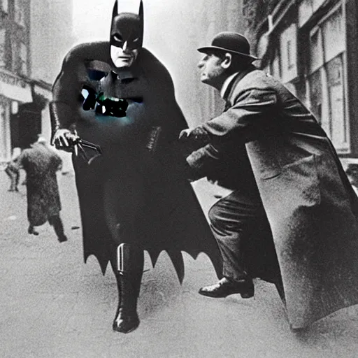 Prompt: old black and white photo, 1 9 2 5, depicting batman fighting a al capone in an ally of new york city, rule of thirds, historical record