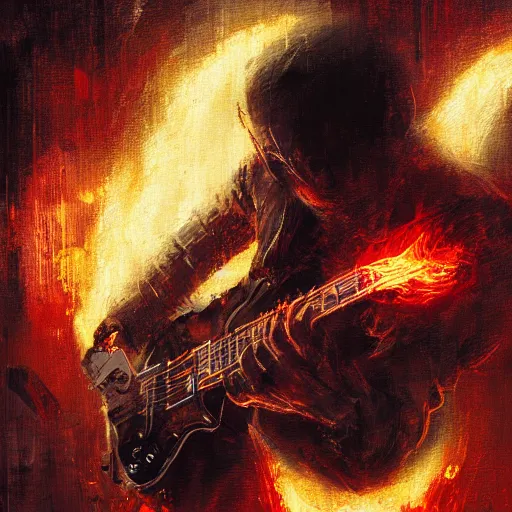 Image similar to a cyborg playing guitar, flames shooting from guitar, ruined street, blood moon, by Jeremy Mann, stylized, detailed, realistic, loose brush strokes