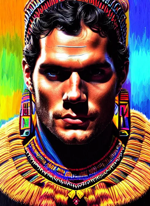 Image similar to portrait of henry cavill, hyper detailed ultra sharp aztec shaman warrior. trending on artstation, warpaint aesthetic, bloodwave, colorful, psychedelic, ornate, intricate, digital painting, concept art, smooth, sharp focus, illustration, art by artgerm and greg rutkowski and h. r. giger, 8 k