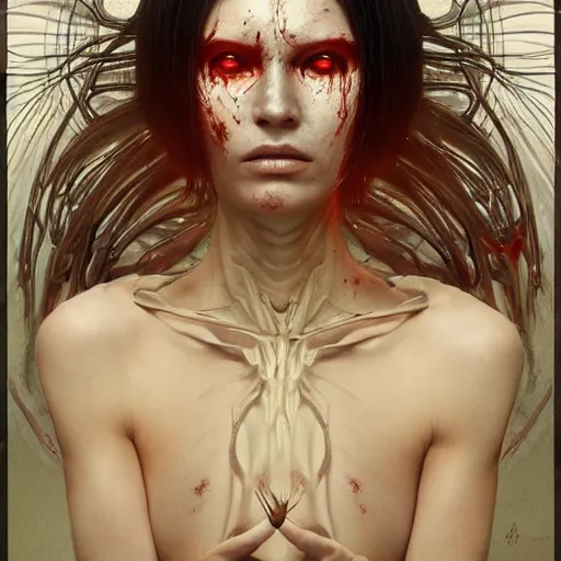 Prompt: whirling portrait of a twisting bloodied filigreed genderless insect alien monster, muscles, rippling, space warping, ultra realistic, concept art, intricate details, eerie, highly detailed, photorealistic, octane render, 8 k, unreal engine. art by artgerm and greg rutkowski and alphonse mucha