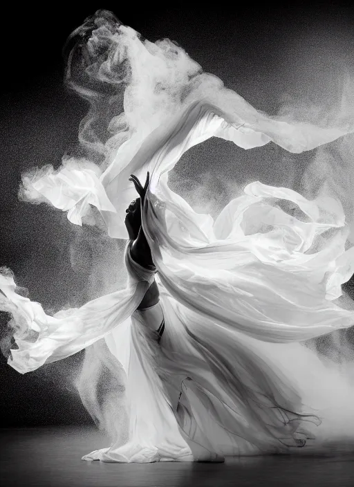 Image similar to a Photorealistic dramatic hyperrealistic render of a glamorous beautiful Female smoke dancer by Ken Brower and Deborah Ory of NYC Dance project,Lois Greenfield,Flowing cloth and smoke,Beautiful dynamic dramatic dark moody lighting,volumetric,shadows,cinematic atmosphere,Octane render,8K