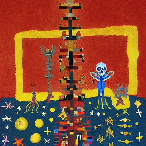 Image similar to pixel decollage painting tarot lovers card composition tower of babel road red armor maggot bear and wonky alien frog skeleton knight on a horse in a dark red cloudy night sky with golden foil jewish stars, occult symbols and diamonds, mountain lake and blossoming field in background, painted by Mark Rothko, Helen Frankenthaler, Danny Fox and Hilma af Klint, pixelated, neo expressionism, semi naive, pastel colors, cinematic, color field painting, cave painting, voxel, pop art look, outsider art, minimalistic. Bill Traylor painting, part by Philip Guston and Francis Bacon. art by Adrian Ghenie, very coherent symmetrical artwork, cinematic, hyper realism, high detail, octane render, unreal engine, Smooth gradients, depth of field, full body character drawing, extremely detailed, 8k, extreme detail, intricate detail, masterpiece