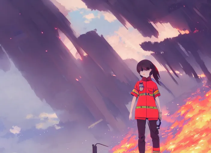 Image similar to firefighter girl, crumbling building background arson landscape illustration concept art anime key visual trending pixiv fanbox by wlop and greg rutkowski and makoto shinkai and studio ghibli and kyoto animation fireproof clothing hardware gear