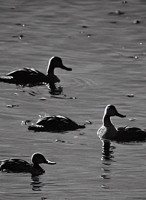 Prompt: old grainy photo of ducks forming a triangle shape