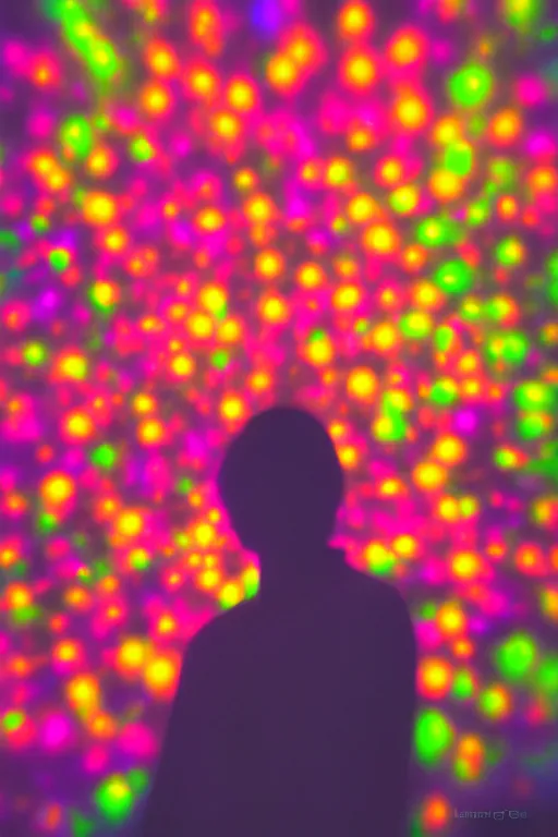 Image similar to human silhouette, large diffused colorful glowing aura, long exposure, film grain, cinematic lighting, maximum detail, art by janice sung