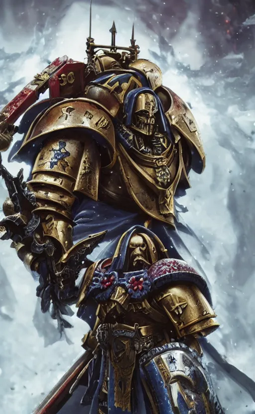 Image similar to warhammer 40k Emperor of Mankind, half-length portrait, beautiful face, long hair, illustration, fine details, cinematic, highly detailed, octane render