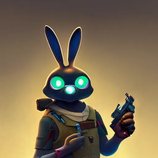 Image similar to super cute cyberpunk bunny, holding a gun, pixar, zootopia, cgi, trending on artstation