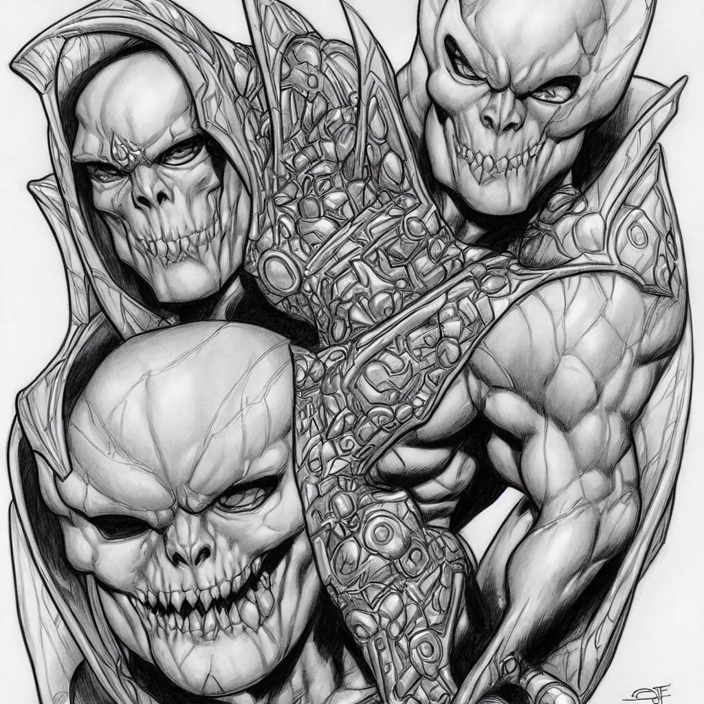 Prompt: j scott campbell!!! pencil sketch by j scott campbell close up centered symmetrical headshot of skeletor in the style ofj scott campbell