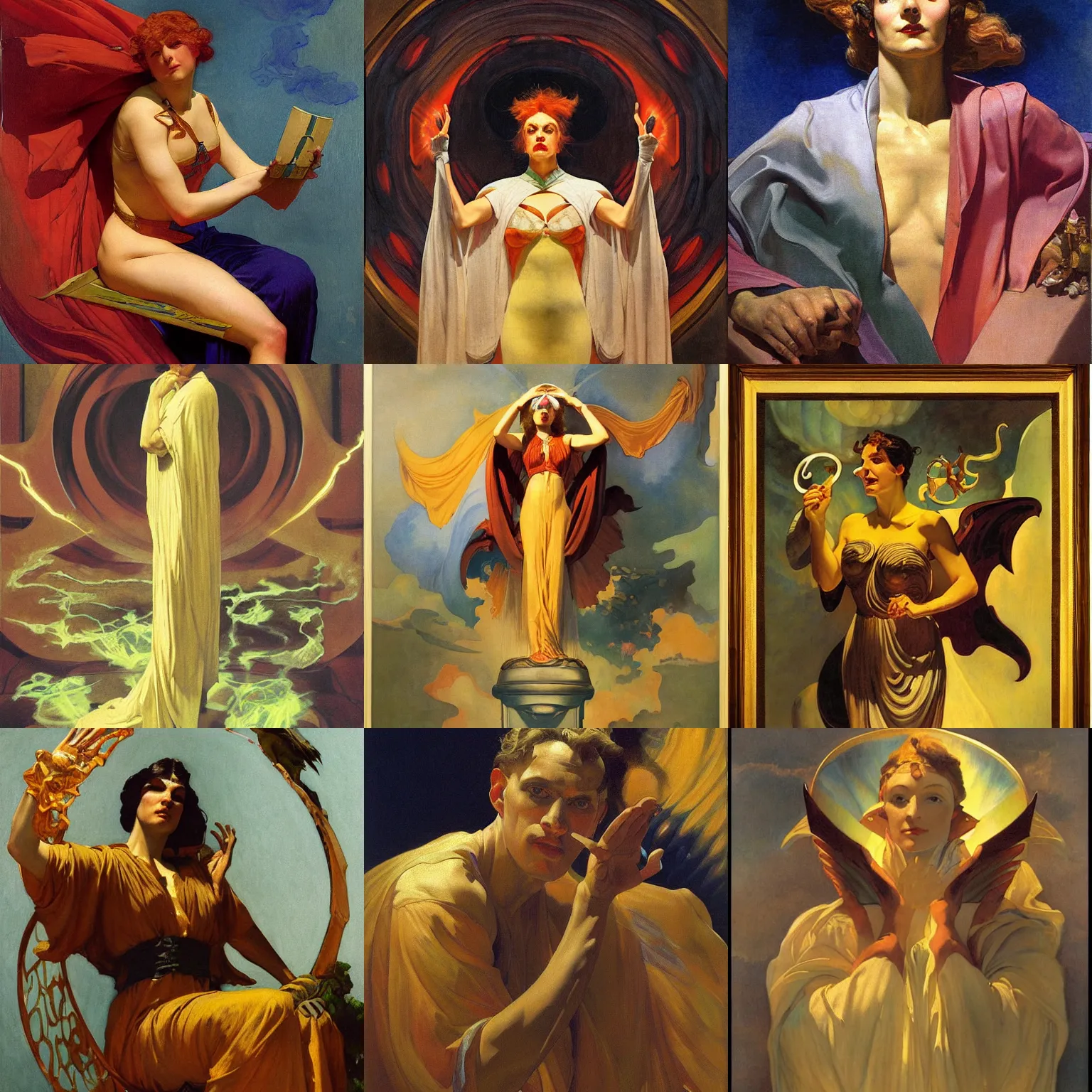 Prompt: painting of the Oracle of the three prismatic monstrous fates, by Leyendecker and NC Wyeth, oil on canvas, volumetric diffuse shading, pre raphaelite