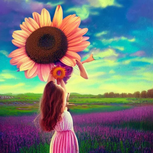 Image similar to giant daisy flower head, portrait of girl in flower field, holding daisy, surreal photography, sunrise, impressionist painting, colorful clouds, digital painting, artstation, simon stalenhag, flower face