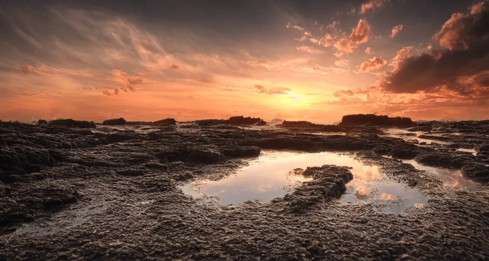 Image similar to a tiny kingdom in a tidal pool, macro photography, sunset, beautiful, artstation, highly detailed, soft lighting,