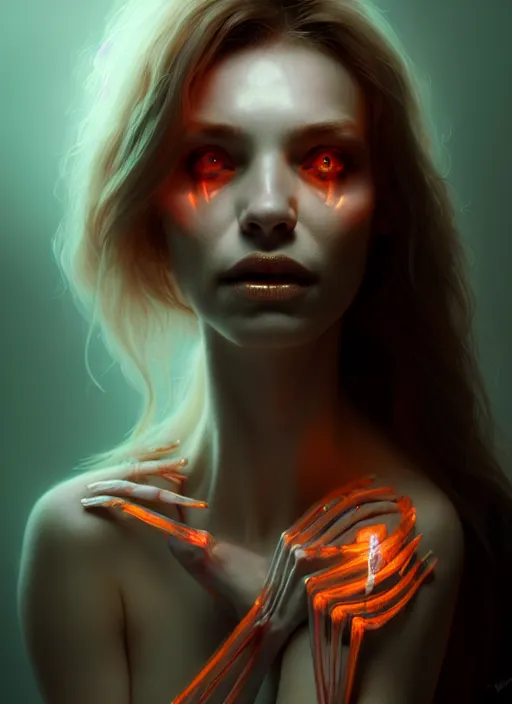 Prompt: portrait female posing sensual figure x - ray, skeletal, glowing veins under translucent skin, highly detailed skin, bouquet of daggers, windy, stormy sky, bioluminescent, plasma, greg rutkowski, 8 k trending on artstation,