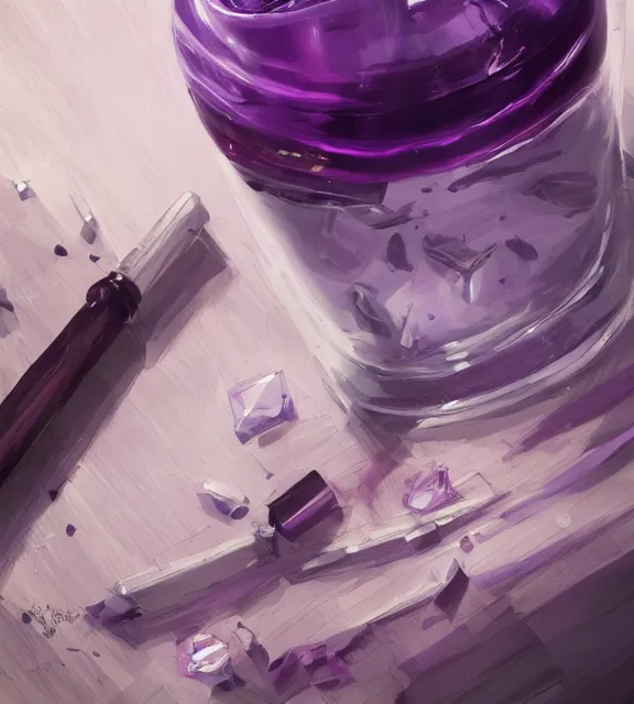 Image similar to a closeup of a purple potion in a round bottle on a messy desk. by makoto shinkai, stanley artgerm lau, wlop, rossdraws, james jean, andrei riabovitchev, marc simonetti, krenz cushart, sakimichan, d & d trending on artstation, digital art