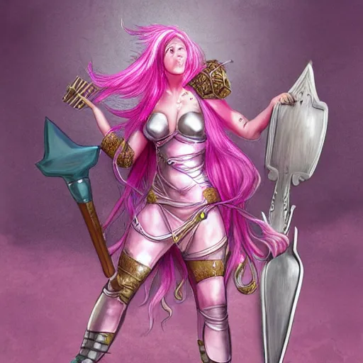 Image similar to pink haired female goddess with a giant metallic battle axe stepping on a small pink pink cat