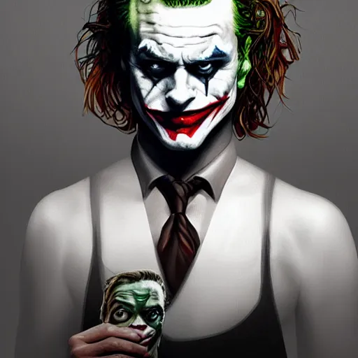 Prompt: the joker holding a printed photo of Margot Robbie, digital painting, amazing detail, artstation, photorealistic, cgsociety