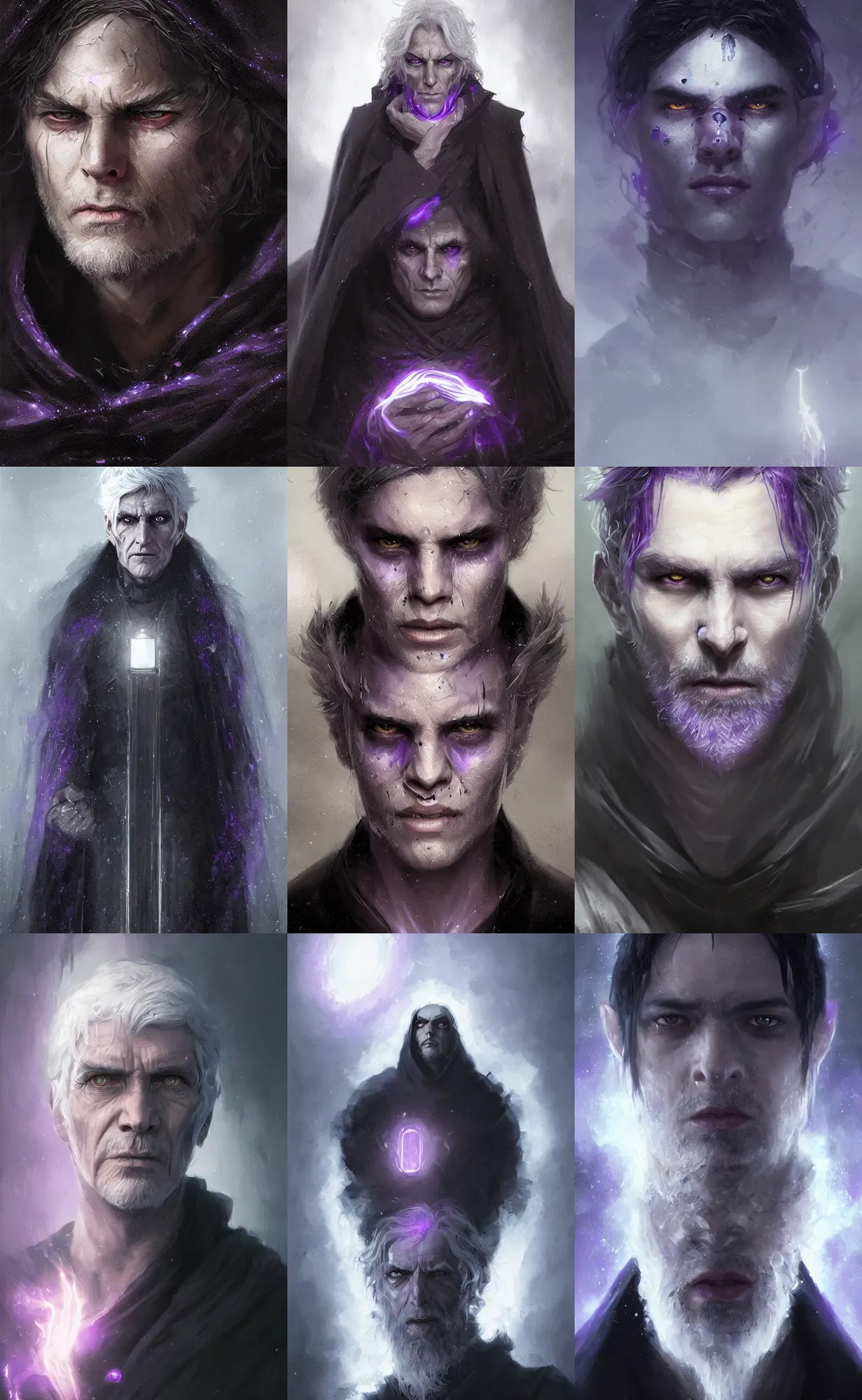 Prompt: portrait of a man with purple eyes dressed in a black cloak with silver hair, glowing purple eyes, detailed face, fantasy, highly detailed, cinematic lighting, digital art painting by greg rutkowski