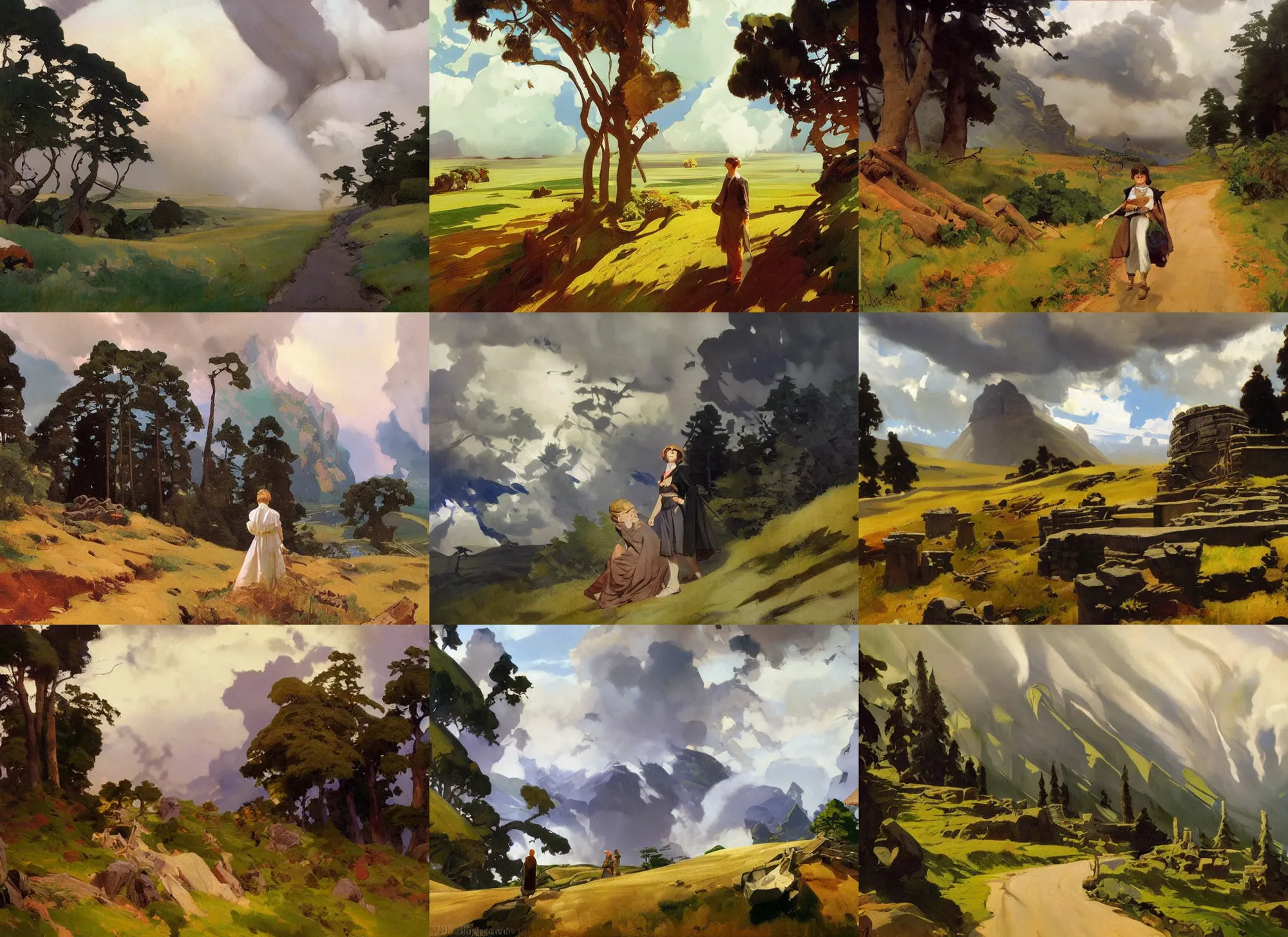 Prompt: painting by sargent and leyendecker and greg hildebrandt savrasov levitan polenov, studio ghibly style mononoke, huge giant old ruins, middle earth above the layered low clouds praire road between forests trees river lakes stones plain land overcast faroe azores falklend storm masterpiece