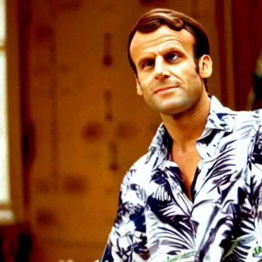 Image similar to Emmanuel Macron wearing Hawaiian shirt in American Psycho (1999)