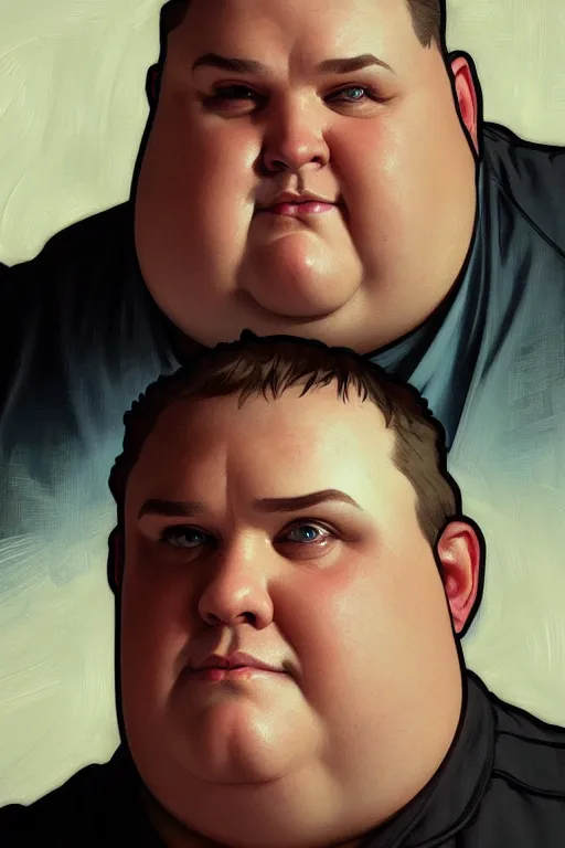 Image similar to a middle aged obese man as a canon man, realistic painting, symmetrical, highly detailed, digital painting, artstation, concept art, smooth, sharp focus, illustration, cinematic lighting, art by artgerm and greg rutkowski and alphonse mucha