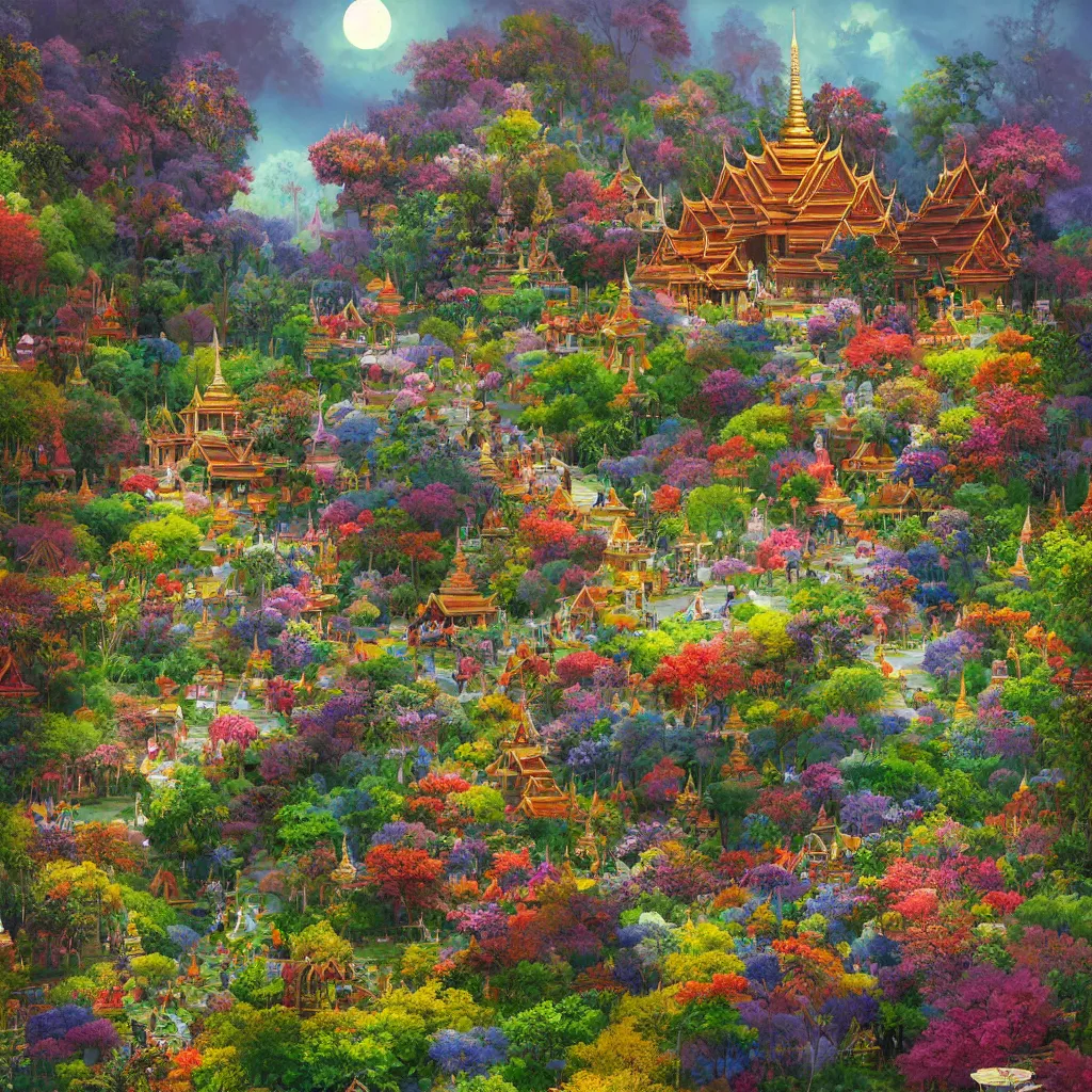 Prompt: summer morning, thai temple, rolling mountain, very coherent and colorful high contrast, art by gediminas pranckevicius, geof darrow, dark shadows, hard lighting, flowers garden