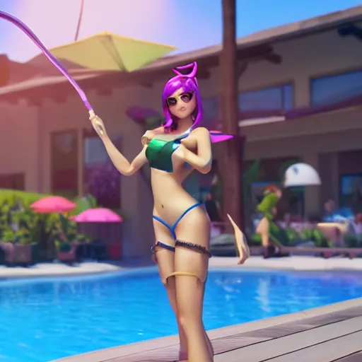 Prompt: pool party Caitlyn enjoying the Californian sun (League of Legends). 3d octane render 4k