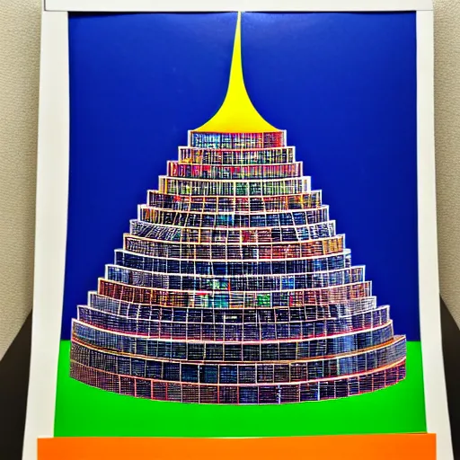 Image similar to tower of babel reaching up to heaven but it is made from 12 inch vinyl LPs