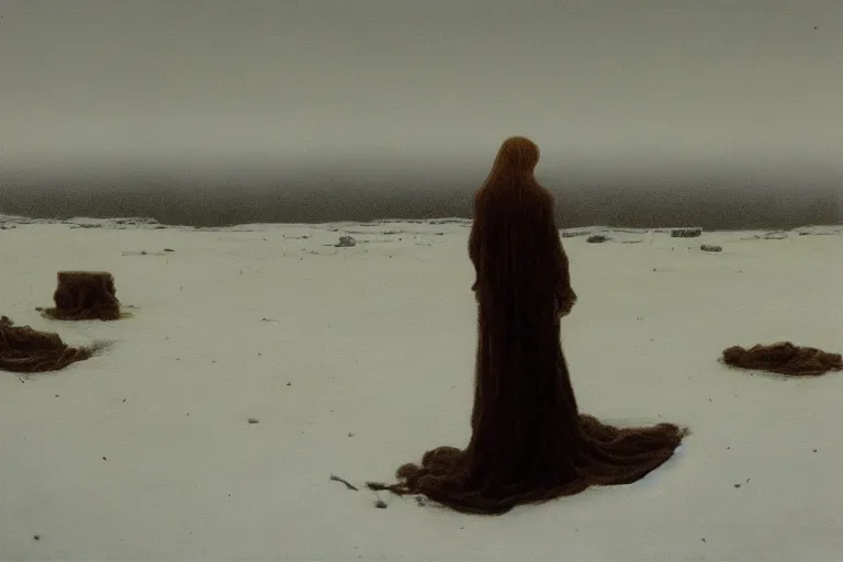 Image similar to a surrealist painting of a lonely woman with pale skin and red hair, standing over pile of bodies in post apocalyptic snowy landscape, painted by zdzisław beksinski