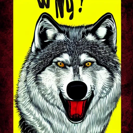 Image similar to portrait of retarded wolf, funny, squint eyes, rabies, propaganda style, vivid colors, poster style, he he