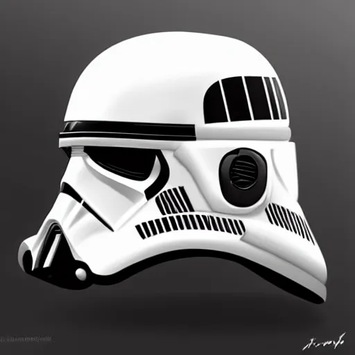 Image similar to a mix of darth vader's helmet and storm troopers helmet. concept art, trending on art station.