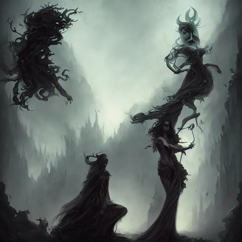 Image similar to stunning Gothic goddess of beauty, mystical, dark and mysterious, atmospheric, ominous, eerie, cinematic, realistic, by Peter Mohrbacher, featured on deviantart, fantasy art